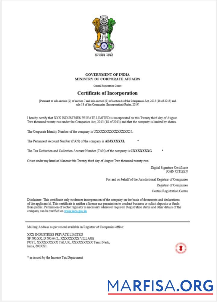 Downloadable India certificate of incorporation registration real example